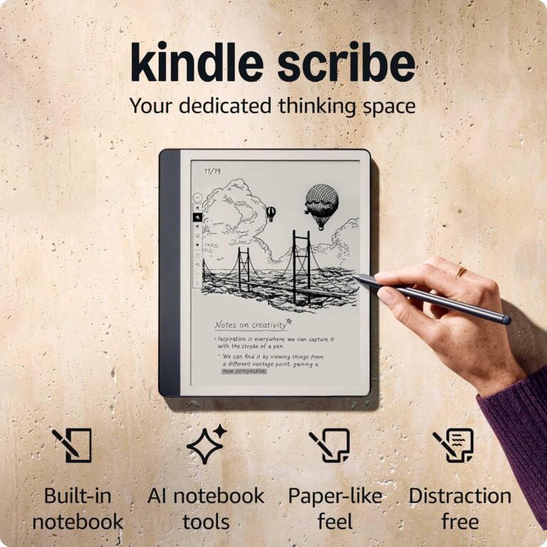 Amazon Kindle Scribe (64GB) – Your notes, documents and books, all in one place. With built-in AI notebook summarization. Includes Premium Pen – Tungsten