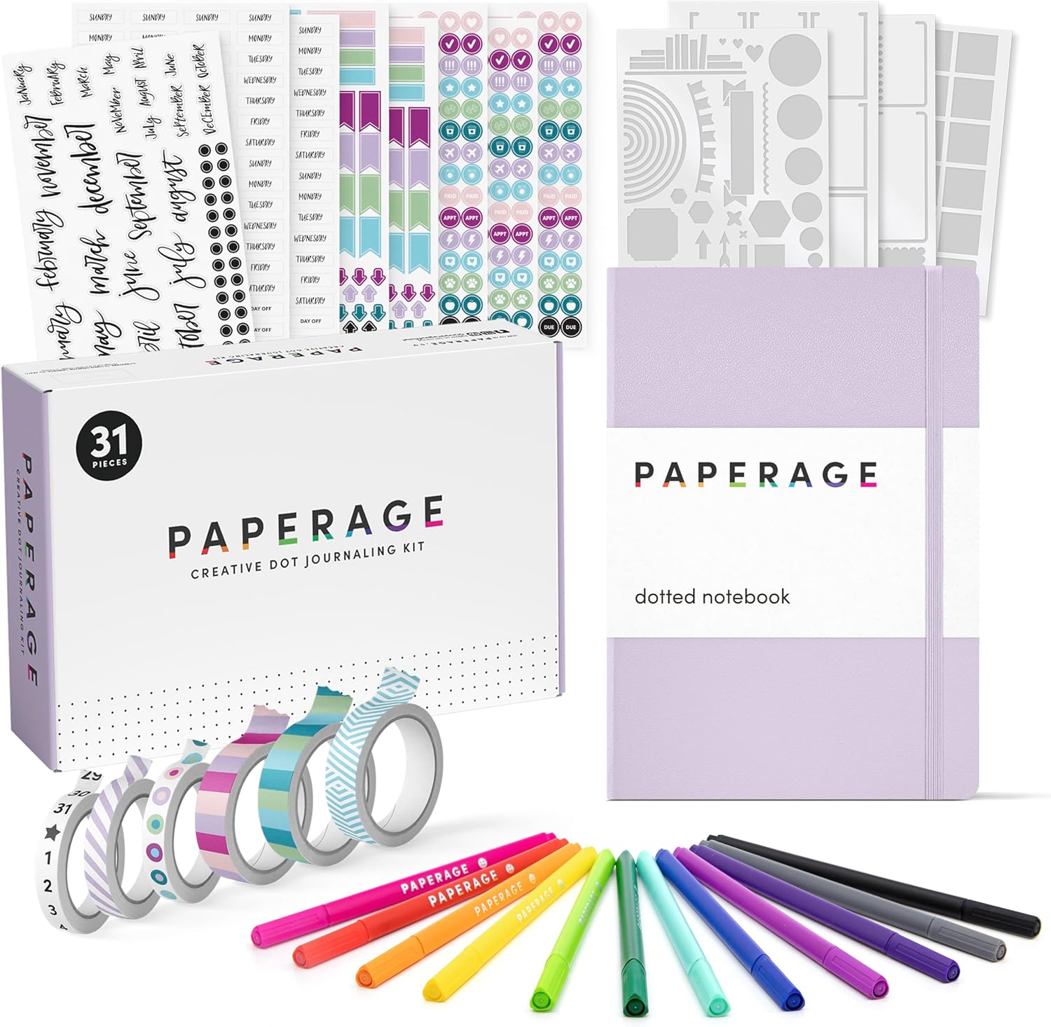 Paperage Bullet Style Journal Kit, Dotted Journaling Kit, Hardcover Dotted Journal Notebook (Lavender), 12 Fineliner Pens, 8 Sticker & 4 Stencil Sheets, 6 Washi Tapes