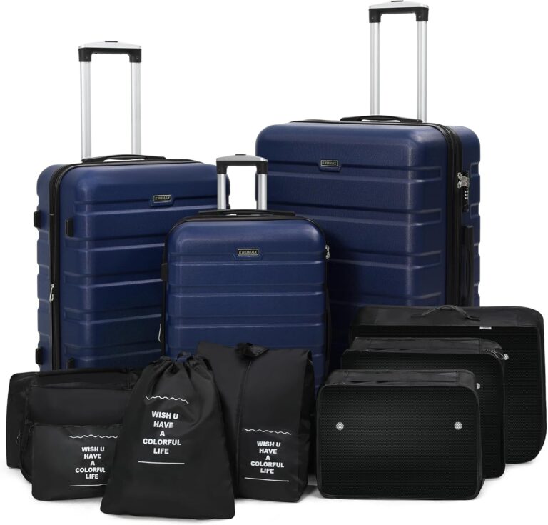 Kromax Lightweight 3 Piece Hardshell Luggage Set, Expandable, TSA Lock, 8 Packing Organizers, Reinforced Telescopic Handle, 360 Wheels, Blue