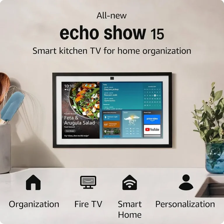 Amazon Echo Show 15 (newest model), Full HD 15.6″ kitchen hub for home organization, with built-in Fire TV and Alexa