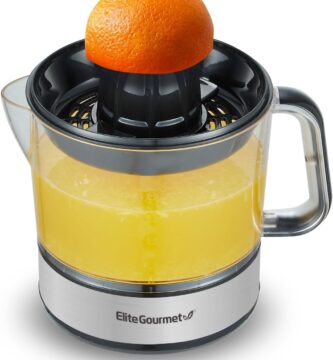 Elite Gourmet ETS623 BPA-Free Electric Citrus Juicer, Compact, Large Volume, Pulp Control, Oranges, Lemons, Limes, Grapefruits with Easy Pour Spout, 24oz, Black/Stainless Steel