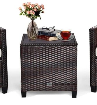 Tangkula 3 Pieces Patio Furniture Set, PE Rattan Wicker 3 Pcs Outdoor Sofa Set w/Washable Cushion and Tempered Glass Tabletop, Conversation Furniture for Garden Poolside Balcony (White)