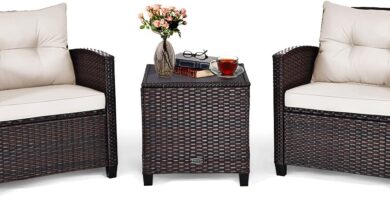 Tangkula 3 Pieces Patio Furniture Set, PE Rattan Wicker 3 Pcs Outdoor Sofa Set w/Washable Cushion and Tempered Glass Tabletop, Conversation Furniture for Garden Poolside Balcony (White)