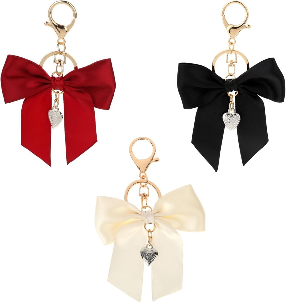 3 Pack Cute Bow Purse Charms – Red, White & Black Bowknot Key Chains for Handbag, Car Key Ring & Bag Charm Pendant
