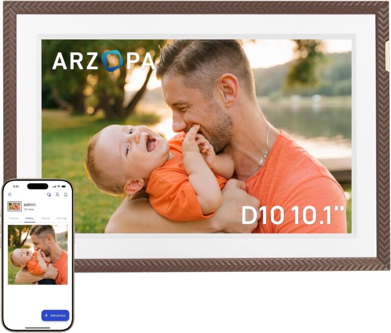 ARZOPA 10.1″ WiFi Digital Picture Frame 32GB HD IPS Anti-Glare Touch Screen Digital Photo Frame, Wall Mountable, Auto-Rotate, Easy Sharing Photos Videos &Custom Gifting via Free ARZOPA APP – D10 Brown