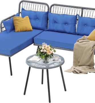 YITAHOME Patio Furniture L-Shaped Coversation Sectional Outdoor Sofa Set for Backyard, Porch with Thick Cushions Detachable Lounger, Side Table (Gray+Navy Blue)