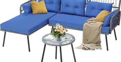 YITAHOME Patio Furniture L-Shaped Coversation Sectional Outdoor Sofa Set for Backyard, Porch with Thick Cushions Detachable Lounger, Side Table (Gray+Navy Blue)