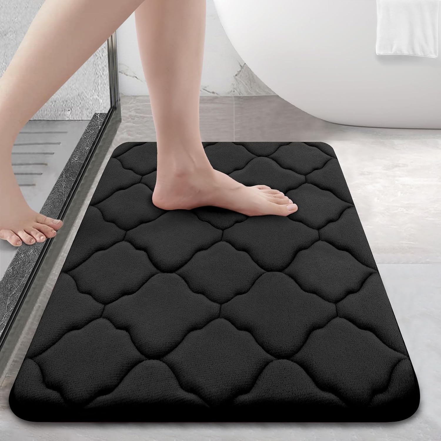 OLANLY Memory Foam Bath Mat Rug 24×16, Ultra Soft and Absorbent Bathroom Rugs, Non-Slip, Comfortable, Machine Washable Bath Carpet for Bathroom Floor, Tub, Shower and Home Decor Accessories, Black