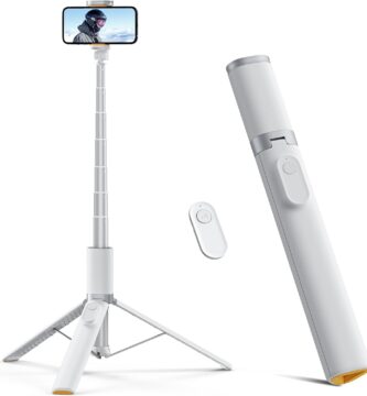 TODI 63″ Phone Tripod, Extendable Selfie Stick with Wireless Remote and Phone Holder, Portable All-in-1 Cell Phone Tripod Stand for Video Recording, Compatible with iPhone/Android (White)