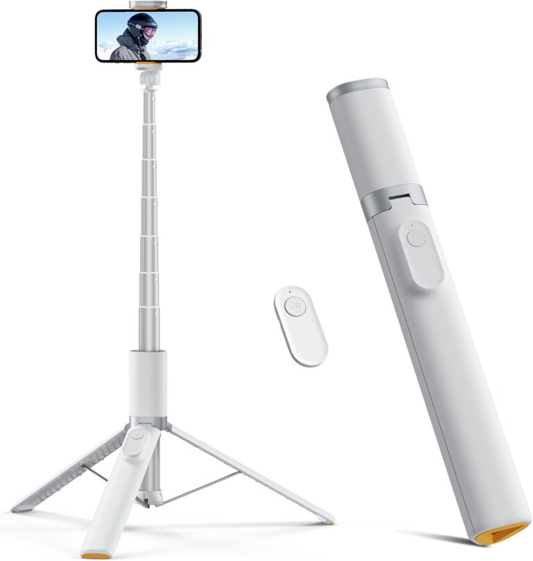 TODI 63″ Phone Tripod, Extendable Selfie Stick with Wireless Remote and Phone Holder, Portable All-in-1 Cell Phone Tripod Stand for Video Recording, Compatible with iPhone/Android (White)