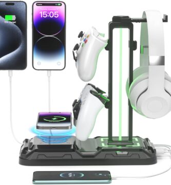 KDD Headphone & Controller Stand with Wireless Charging – Rotatable Headset Stand with 9 Light Modes – Controller Holder with 2 USB and Type C Ports – for Gamers Desktop Accessories
