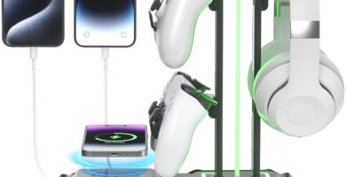 KDD Headphone & Controller Stand with Wireless Charging – Rotatable Headset Stand with 9 Light Modes – Controller Holder with 2 USB and Type C Ports – for Gamers Desktop Accessories