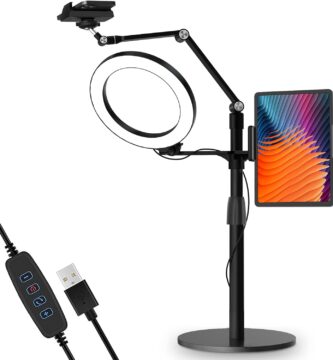 viozon 3-in-1 Selfie Desktop Live Stand, Height Adjustable/Overhead, 8″ LED Ring Light, Compatible with 3.5-13″ Tablet& Phone, Suitable for YouTube/Tiktok/Recording/Streaming/Online Meeting-B
