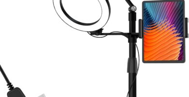 viozon 3-in-1 Selfie Desktop Live Stand, Height Adjustable/Overhead, 8″ LED Ring Light, Compatible with 3.5-13″ Tablet& Phone, Suitable for YouTube/Tiktok/Recording/Streaming/Online Meeting-B