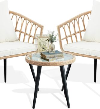 3 Piece Patio Bistro Set, Outdoor Wicker Apartment Balcony Furniture Sets, Rattan Table and Chairs Set of 2 for Porch Backyard Lawn Poolside Deck, Beige