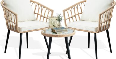 3 Piece Patio Bistro Set, Outdoor Wicker Apartment Balcony Furniture Sets, Rattan Table and Chairs Set of 2 for Porch Backyard Lawn Poolside Deck, Beige