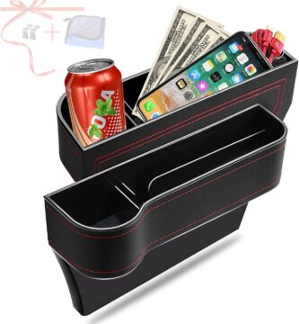 Car Seat Gap Filler Organizer, 2 Pack Multifunctional Car Seat Organizer, Auto Console Side Storage Box with Cup Holders 2 Seat Hooks for Drink, Car Organizer Front Seat for Holding Phone, Sunglasses