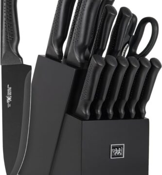 Knife Set, 15 Pcs Kitchen Knife Set with Block Self Sharpening, Dishwasher Safe, 6 Steak Knives, Anti-slip handle, Black