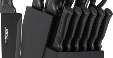 Knife Set, 15 Pcs Kitchen Knife Set with Block Self Sharpening, Dishwasher Safe, 6 Steak Knives, Anti-slip handle, Black