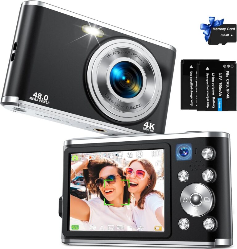 Digital Camera FHD 4K Vlogging Camera with Autofocus Dual Lens 48MP 16X Digital Zoom 2.8″ IPS Screen Compact Travel Video Camera for Teens Adult Beginner,32GB Card,2 Batteries,Black