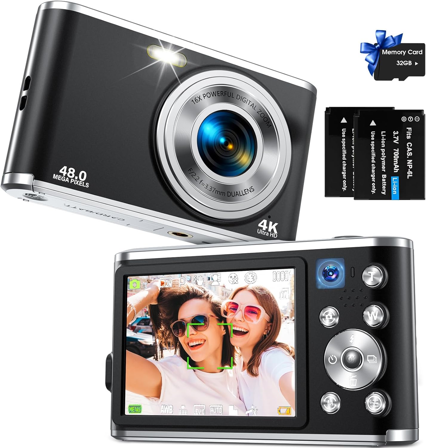 Digital Camera FHD 4K Vlogging Camera with Autofocus Dual Lens 48MP 16X Digital Zoom 2.8″ IPS Screen Compact Travel Video Camera for Teens Adult Beginner,32GB Card,2 Batteries,Black
