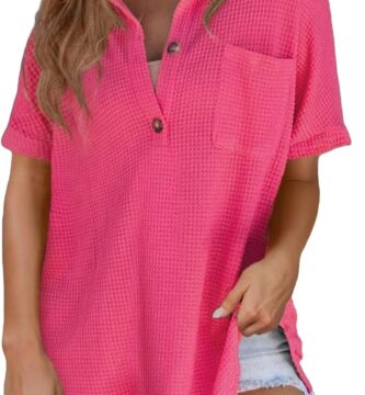 Astylish Women Waffle Knit Tops Henley Shirts Short Sleeve V Neck Solid Color Casual Tunic