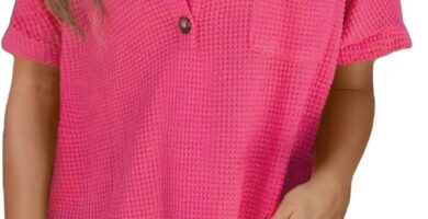 Astylish Women Waffle Knit Tops Henley Shirts Short Sleeve V Neck Solid Color Casual Tunic