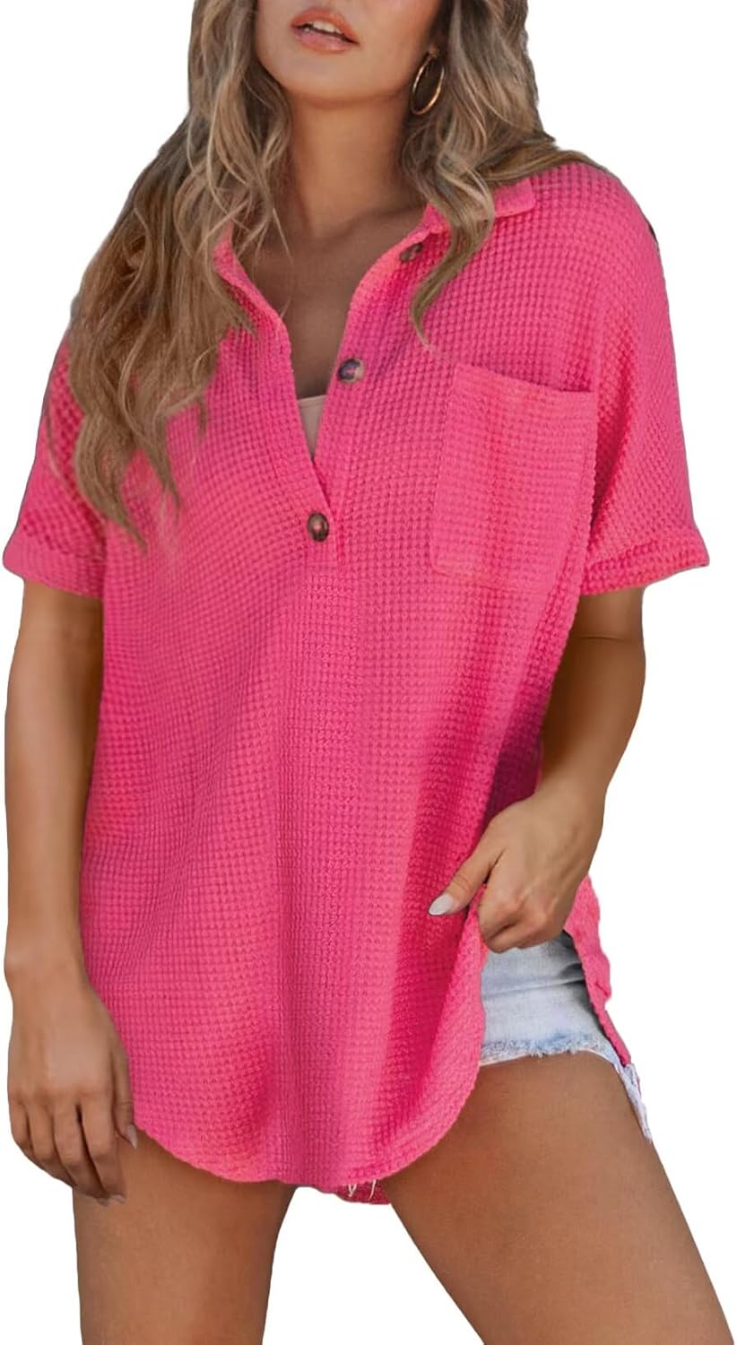 Astylish Women Waffle Knit Tops Henley Shirts Short Sleeve V Neck Solid Color Casual Tunic