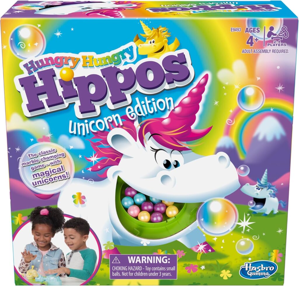 Hasbro Gaming Hungry Hippos Unicorn Edition Pre-School Board Game for Kids Ages 4 and Up; 2-4 Players (Amazon Exclusive) Hasbro Gaming Hungry Hippos Unicorn Edition Pre-School Board Game for Kids Ages 4 and Up; 2-4 Players (Amazon Exclusive)