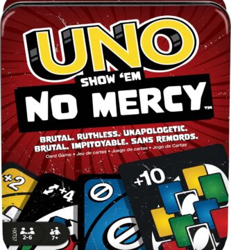 Mattel Games UNO Show ‘em No Mercy Card Game in Storage & Travel Tin for Kids, Adults & Family Night with Extra Cards, Special Rules & Tougher Penalties (Amazon Exclusive)