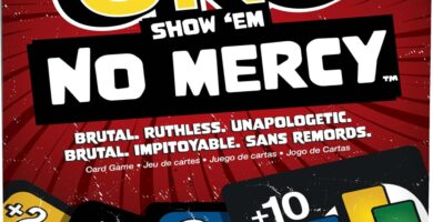 Mattel Games UNO Show ‘em No Mercy Card Game in Storage & Travel Tin for Kids, Adults & Family Night with Extra Cards, Special Rules & Tougher Penalties (Amazon Exclusive)