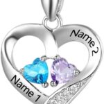 Personalized Heart Birthstone Necklace for Women – 925 Sterling Silver – 2 Birthstones – Customized Name Women’s Jewelry Gift