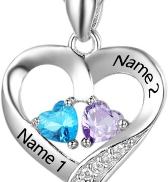 Personalized Heart Birthstone Necklace for Women – 925 Sterling Silver – 2 Birthstones – Customized Name Women’s Jewelry Gift