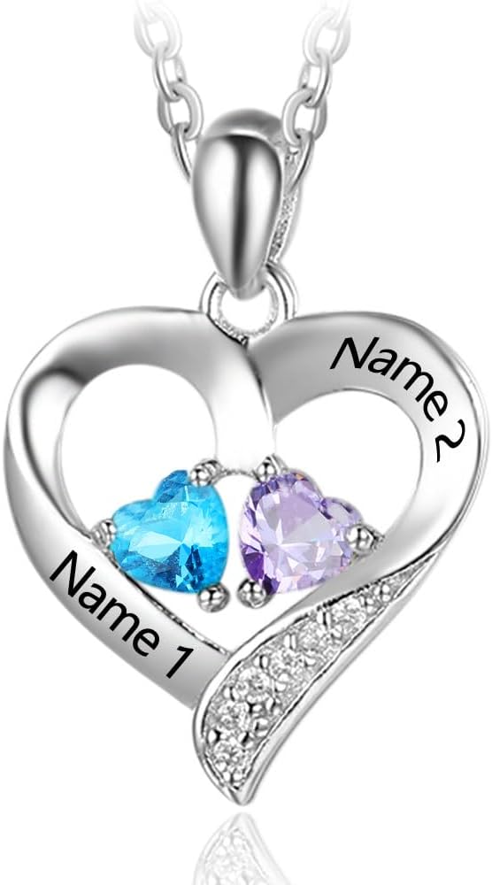 Personalized Heart Birthstone Necklace for Women – 925 Sterling Silver – 2 Birthstones – Customized Name Women’s Jewelry Gift