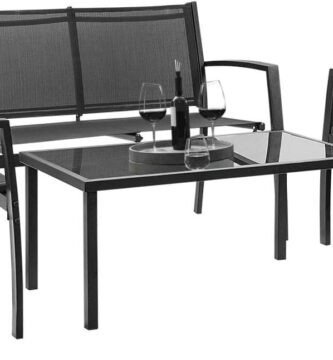 Devoko 4 Pieces Patio Furniture Set Outdoor Garden Patio Conversation Sets Poolside Lawn Chairs with Glass Coffee Table Porch Furniture (Black)