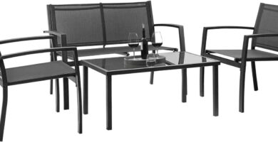 Devoko 4 Pieces Patio Furniture Set Outdoor Garden Patio Conversation Sets Poolside Lawn Chairs with Glass Coffee Table Porch Furniture (Black)