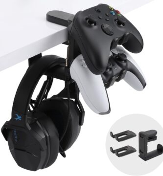 PC Gaming Headphone Stand & Controller Holder, 3 in 1 Under Desk Clamp Universal Headset Controllers Hook with Adjustable and swivelling arm clamp(Black)