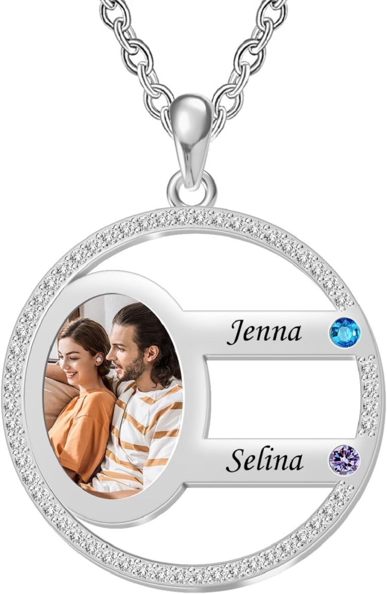 Custom Photo Picture Necklace with 1-5 Birthstones Birth Month Stones Engraved Names Ideal Gift for Mothers Grandmothers Family Celebrations