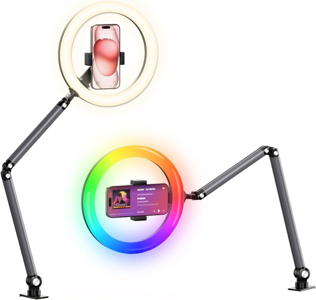 Desk Ring Light with Overhead Camera Mount, 10″ Selfie Ring Light with Phone Holder, Adjustable Brightness LED Lighting for Video Recording, Content Creator Essentials for TikTok, Zoom Calls Desk Ring Light with Overhead Camera Mount, 10″ Selfie Ring Light with Phone Holder, Adjustable Brightness LED Lighting for Video Recording, Content Creator Essentials for TikTok, Zoom Calls