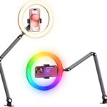 Desk Ring Light with Overhead Camera Mount, 10″ Selfie Ring Light with Phone Holder, Adjustable Brightness LED Lighting for Video Recording, Content Creator Essentials for TikTok, Zoom Calls
