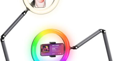 Desk Ring Light with Overhead Camera Mount, 10″ Selfie Ring Light with Phone Holder, Adjustable Brightness LED Lighting for Video Recording, Content Creator Essentials for TikTok, Zoom Calls