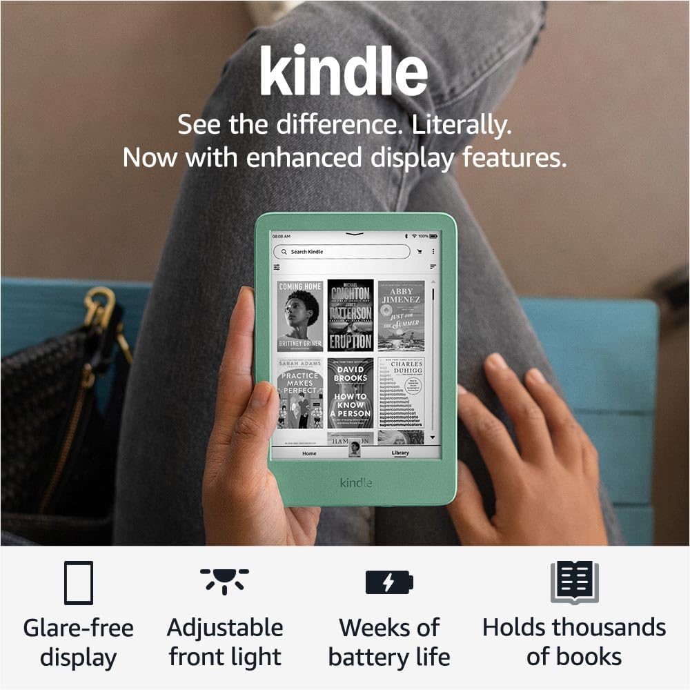 Like-New Amazon Kindle (16 GB) – Lightest and most compact Kindle, with glare-free display, faster page turns, adjustable front light, and long battery life – Matcha