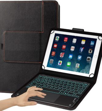 TouchPad Keyboard case for 9″,9.7″,10.1″,10.2″,10.5″,10.9″,11″ Tablets,2-in-1 Bluetooth Wireless Keyboard with Touchpad,7 Colors Backlit & Leather Folio Cover(Black)