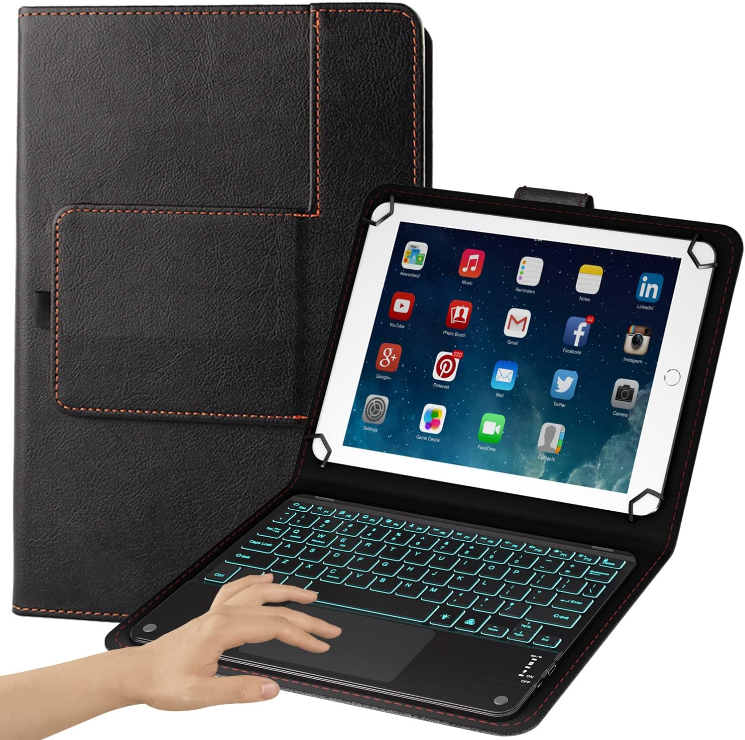 TouchPad Keyboard case for 9″,9.7″,10.1″,10.2″,10.5″,10.9″,11″ Tablets,2-in-1 Bluetooth Wireless Keyboard with Touchpad,7 Colors Backlit & Leather Folio Cover(Black)