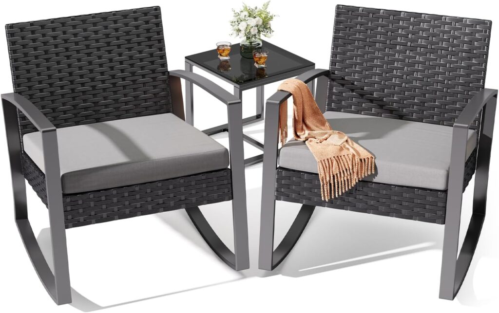 Noelse 3 Piece Wicker Patio Furniture Set, Outdoor Rocking Chairs, Outdoor Furniture with Table & Cushions, Patio Chairs for Balcony Porch, Gray Noelse 3 Piece Wicker Patio Furniture Set, Outdoor Rocking Chairs, Outdoor Furniture with Table & Cushions, Patio Chairs for Balcony Porch, Gray