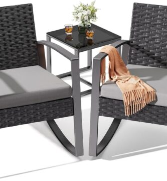 Noelse 3 Piece Wicker Patio Furniture Set, Outdoor Rocking Chairs, Outdoor Furniture with Table & Cushions, Patio Chairs for Balcony Porch, Gray