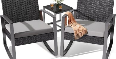 Noelse 3 Piece Wicker Patio Furniture Set, Outdoor Rocking Chairs, Outdoor Furniture with Table & Cushions, Patio Chairs for Balcony Porch, Gray