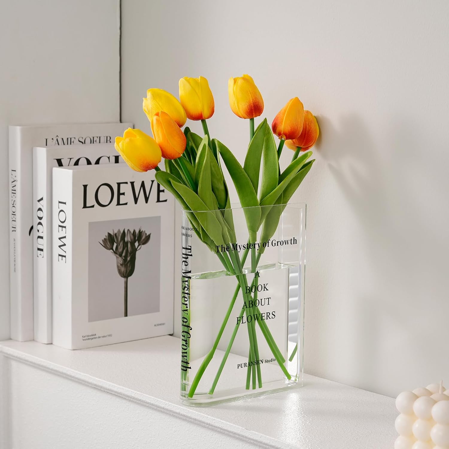 Puransen Clear Book Flower Vase – Floral Bookshelf Decor, Acrylic Flower Holder & Space-Saving Organizer, Modern Home Office/Study Desk Minimalist Aesthetic (Not Including Flowers)