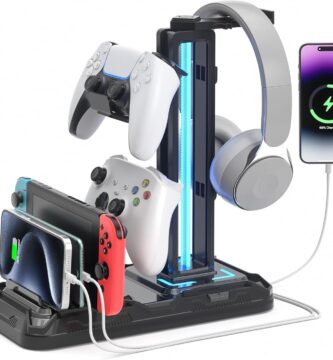 KDD Headset Stand with Charging Station – Detachable Controller Holder with 9 Light Modes – Rotatable Headphone Hanger with USB A&C Charger Ports – Earphone Hook for PC Gaming Accessories Storage