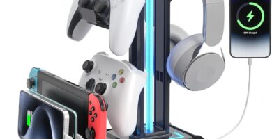 KDD Headset Stand with Charging Station – Detachable Controller Holder with 9 Light Modes – Rotatable Headphone Hanger with USB A&C Charger Ports – Earphone Hook for PC Gaming Accessories Storage